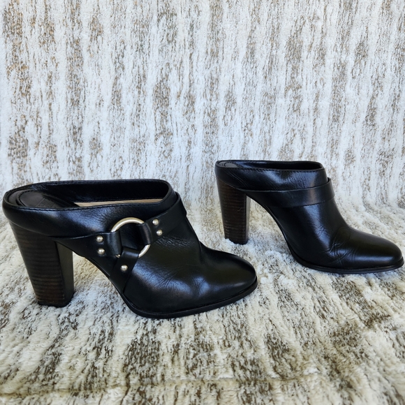 Frye "Laurie Harness Mule" Black Leather Moto Heeled Clogs | Women's Size 7 - Picture 7 of 12